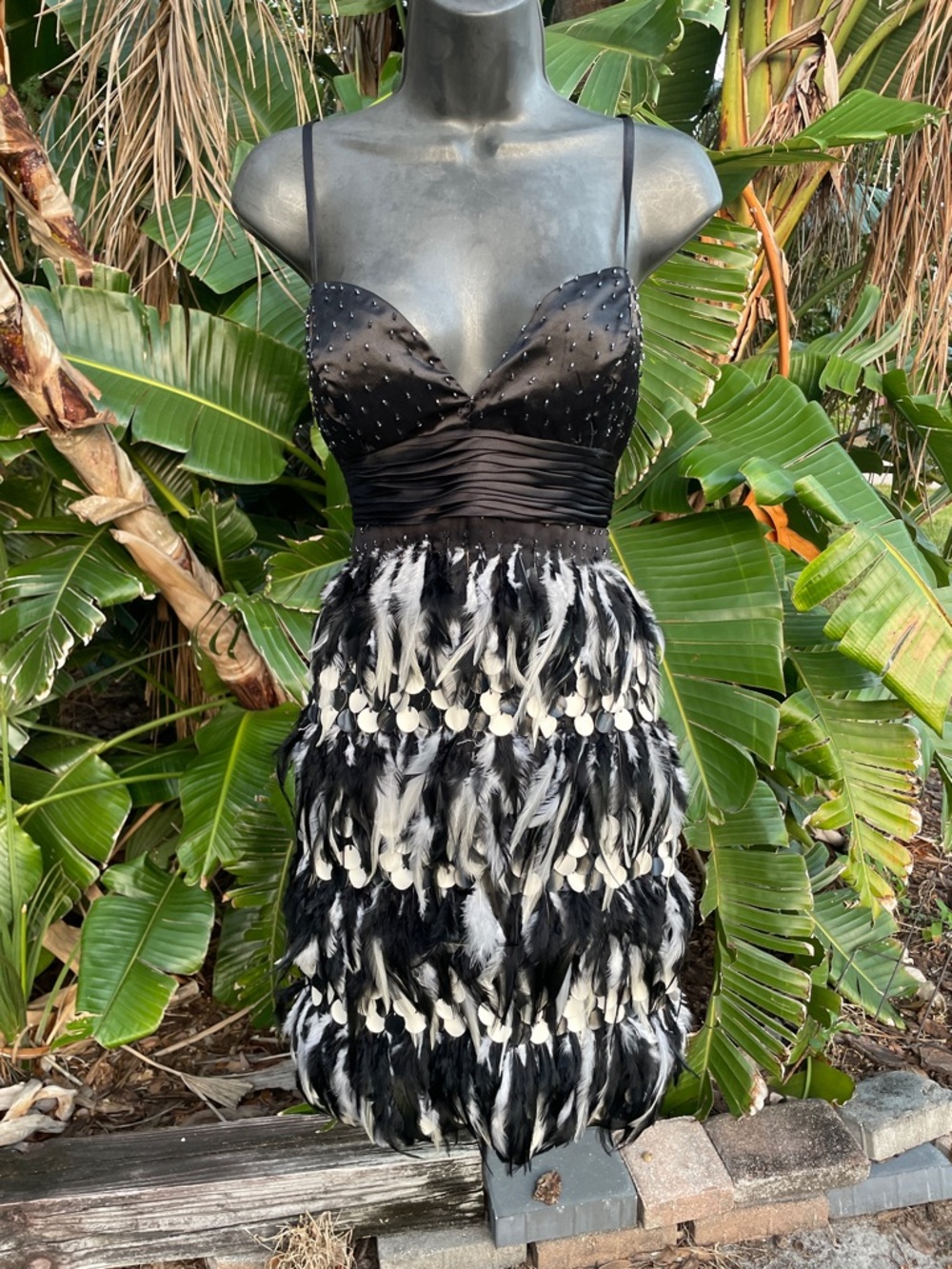 Jovani beaded and feather fringe and polkadot dressy